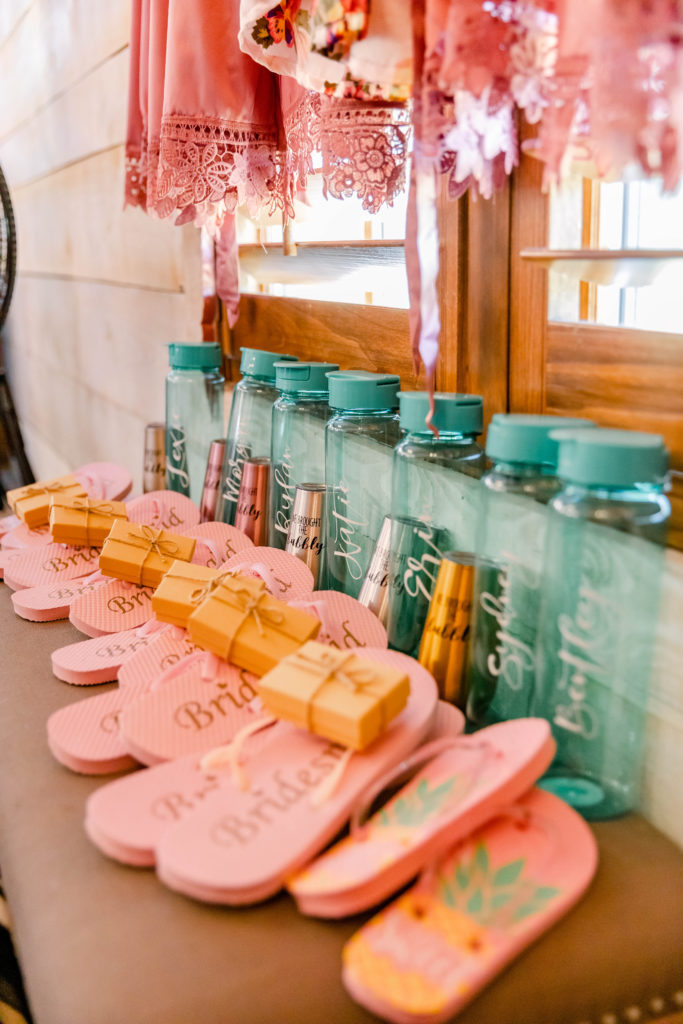 gifts for bridesmaids - personalized water bottles and flip flops