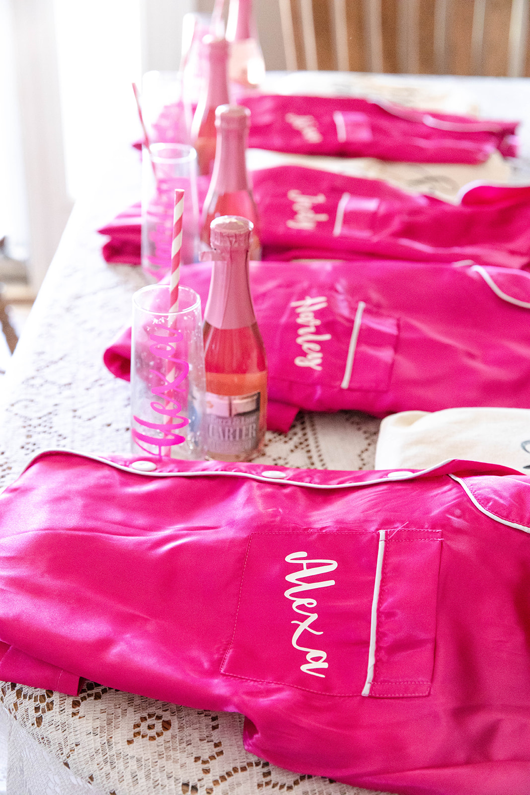 gifts for bridesmaids - custom pajamas and bubbly wine
